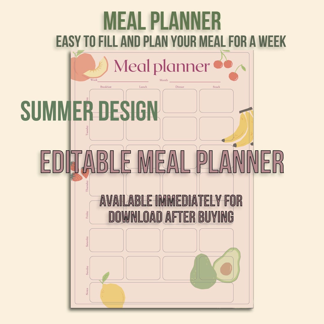 Meal Planner Printable Summer Design Weekly Food Diary Meal - Etsy
