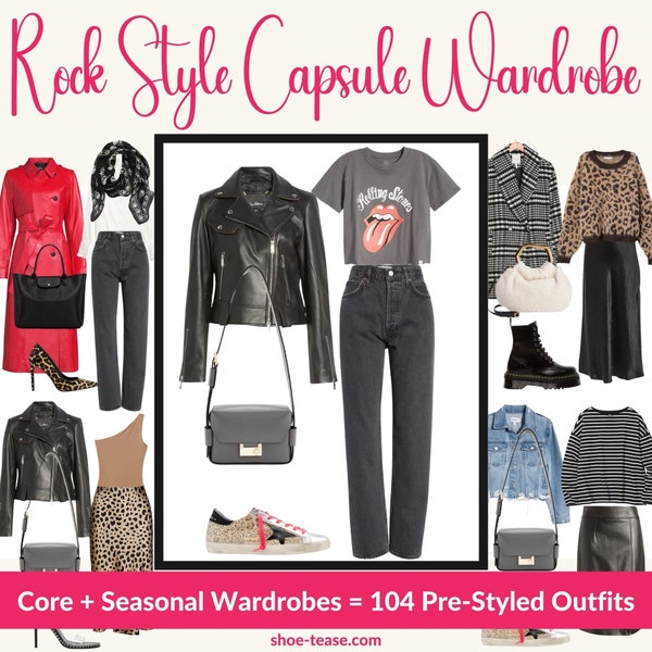 4 Season Edgy Rock Style Capsule Wardrobe Planner for Women | Core Wardrobe + Summer & Winter Add-On Items, 104 Pre-Styled Outfits