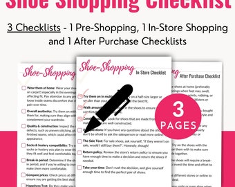 Liste de contrôle d'achat de chaussures | Agenda de shopping de chaussures avec 3 feuilles - avant le shopping, pendant le shopping et après le shopping | Imprimable numérique