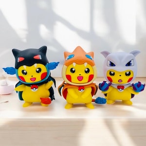 Poncho Pikachu-minifigurenset – Mega Charizard X, Charizard Y en Mewtwo Cosplay | Verzamelspeelgoed kawaii anime, leuk bureaudecoratiecadeau