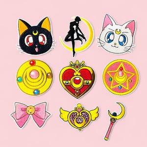 Magical Girl Iron-On Patch Set – Kawaii Embroidered Badges for Clothes, Bags, Hats | Crescent Cat, Wand, Bow, Compact Designs