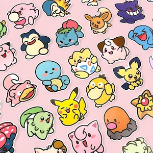 Kawaii Chibi Mystery Pack Matte Stickers | Cute Anime Journal & Scrapbook Decals | Pikachu, Eevee, Jigglypuff Friends | Anime Monsters