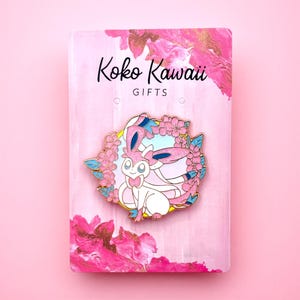 Sylveon Enamel Pin with Gilded Sakura Blossoms | Kawaii Anime Eeveelution Badge for Collectors | Cute Pink Spring Ita Bag or Jacket Gift