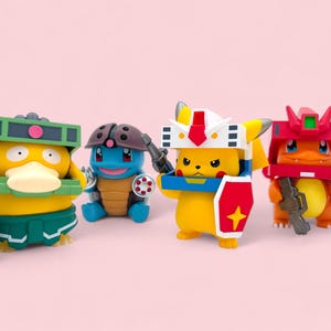 Mecha-Inspired Chibi Creatures – Pikachu, Charmander, Squirtle & Psyduck | Japan Collectible Toys | Desk Decor for Gamers and Otaku Fans