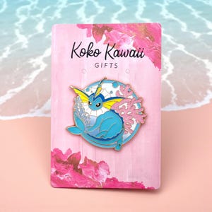 Vaporeon Enamel Pin with Gilded Pastel Coral & Ocean Moon | Kawaii Anime Water Eeveelution Badge for Collectors | Cute Ita Bag Gift