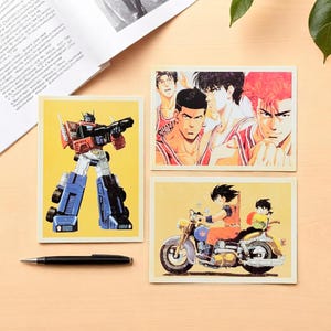 Retro Anime Postcards – 90s Style Art Prints | Mecha Hero, Basketball Team, Bike Riders | Vintage-Inspired Japanese Aesthetic