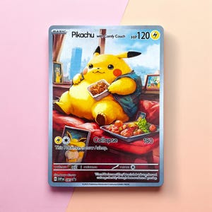 Pikachu Collapse Proxy Card | Cute Chubby Couch Japan Artwork | Funny Anime Monster Fan Art Gift for Collectors & Friends | Premium Print