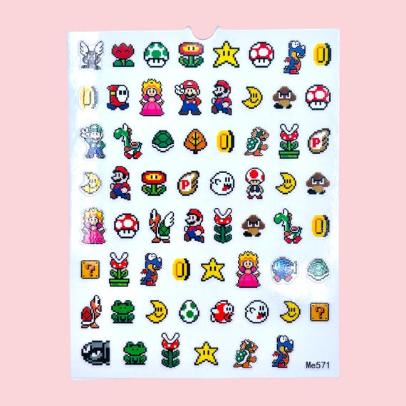 Retro Pixel Gamer Nail Stickers, 62 Mini Vinyl Decals | 8-Bit Arcade Kawaii Nail Art | Cute Gaming Stickers for Phone, Console, Journal