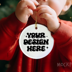 Ornament Mockup, Ceramic Round White Ornament Mockups, Stock Photo, Toddler Boy Holding Ornament, Ornament Mock Up, JPEG, PNG