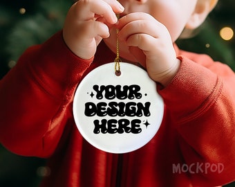 Ornament Mockup, Ceramic Round White Ornament Mockups, Stock Photo, Toddler Boy Holding Ornament, Ornament Mock Up, JPEG, PNG