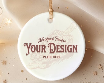Ornament Mockup, Simple Ceramic Round White Ornament Mockups, Stock Photo, Star Sparkly Background, Champagne Ornament Mock Up, JPEG, PNG