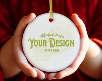 Ornament Mockup, Ceramic Round White Ornament Mockups, Stock Photo, Hands Holding Ornament,  Red Background, Christmas Mockup, JPEG, PNG