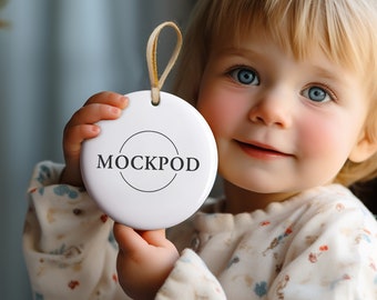 Ornament Mockup, Ceramic Round White Ornament Mockups, Stock Photo, Toddler Boy Holding Ornament, Ornament Mock Up, JPEG, PNG
