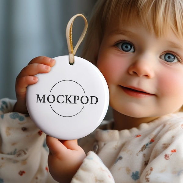 Ornament Mockup, Ceramic Round White Ornament Mockups, Stock Photo, Toddler Boy Holding Ornament, Ornament Mock Up, JPEG, PNG