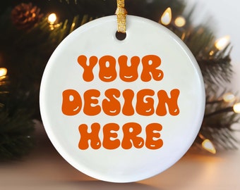 Ornament Mockup, Ceramic Round White Ornament Mockups, Hanging Ornament on Christmas Tree Mockup, Stock Photo, JPEG, PNG
