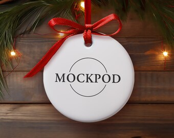 Christmas Ornament Mockup, Ceramic Round White Ornament Mockup, Stock Photo, Ornament Red Ribbon, Wood Background, Canva Mockup, JPEG, PNG