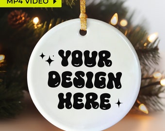 Ornament Video Mockup, Christmas Ornament MP4 Mockup, Ceramic Round White Ornament Mockups, Stock Photo, Twinkling Christmas Lights