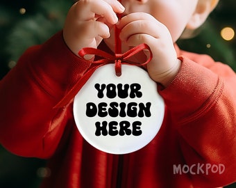 Ornament Mockup, Ceramic Round White Ornament Mockups, Stock Photo, Toddler Boy Holding Ornament, Ornament Mock Up, JPEG, PNG