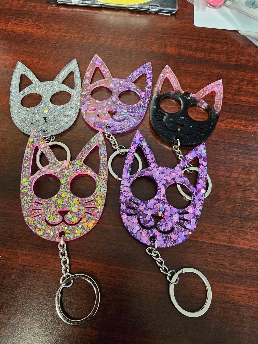 Glitter Resin Cat Keychain for Safety Kitty Keyring Charm Etsy