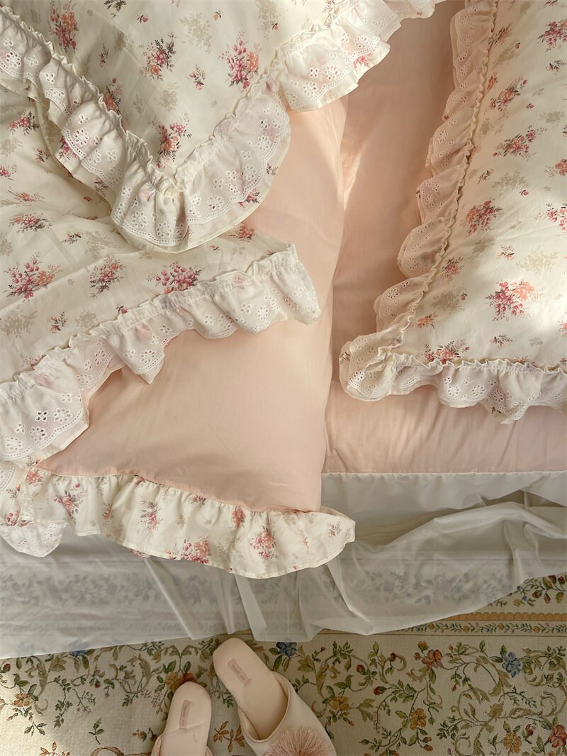 Soft Pink Floral Cotton Duvet Cover Set Princess Lace Ruffle Duvet Cover Cottagecore Decor