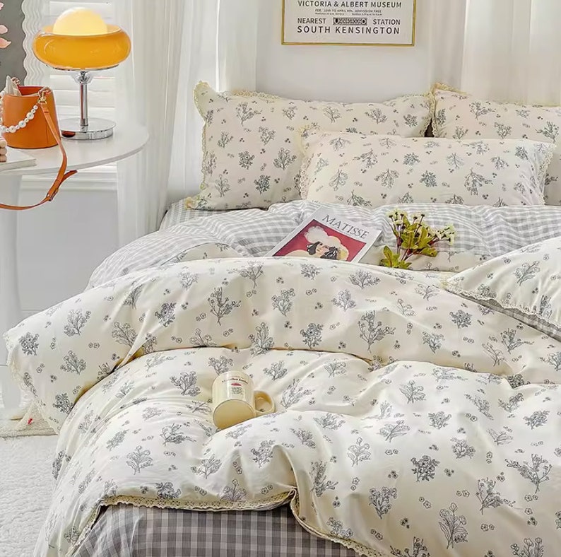 Blue Floral Cotton Duvet Cover Set Fresh Flowers Lace Ruffle Duvet