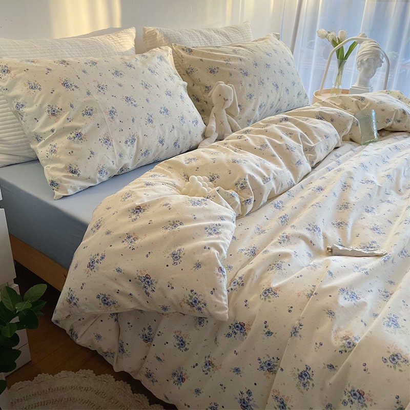 Blue and White Floral Cotton Bedding Set Soft Tones Pillow - Etsy