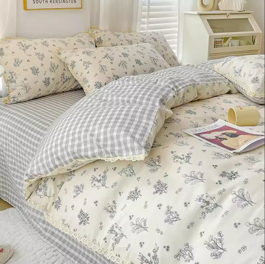 Blue Floral Cotton Duvet Cover Set Fresh Flowers Lace Ruffle Duvet