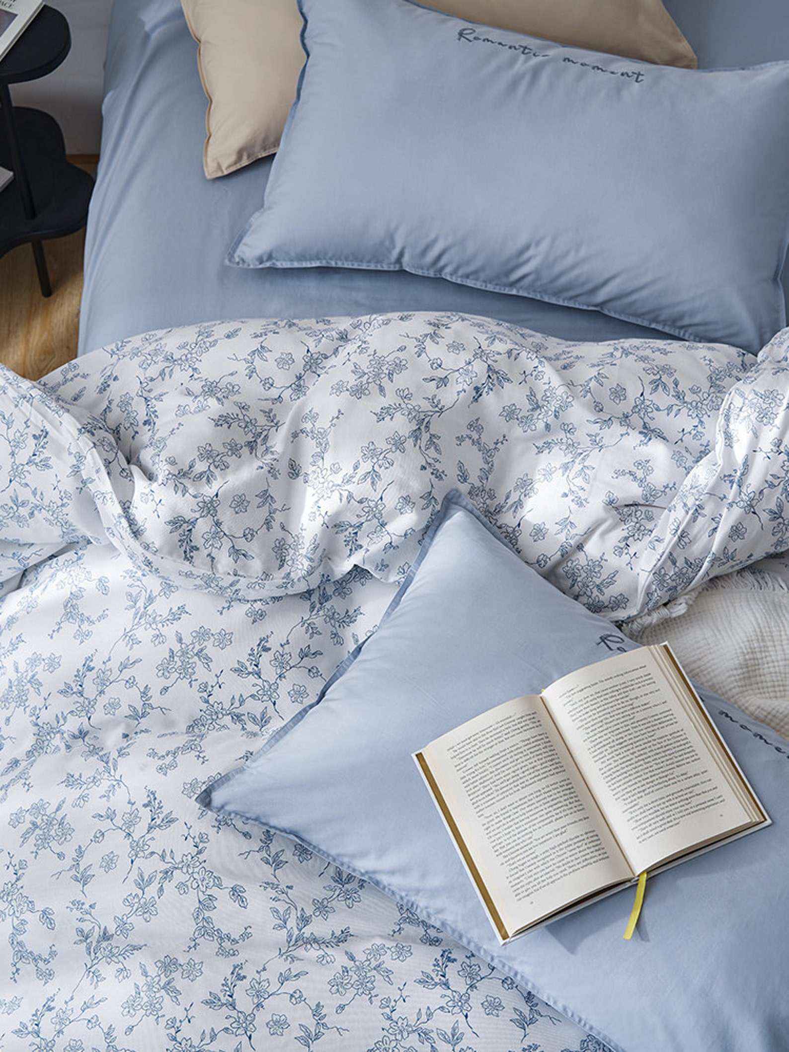 Blue Floral Cotton Duvet Cover Set Minimalist Floral Bedding