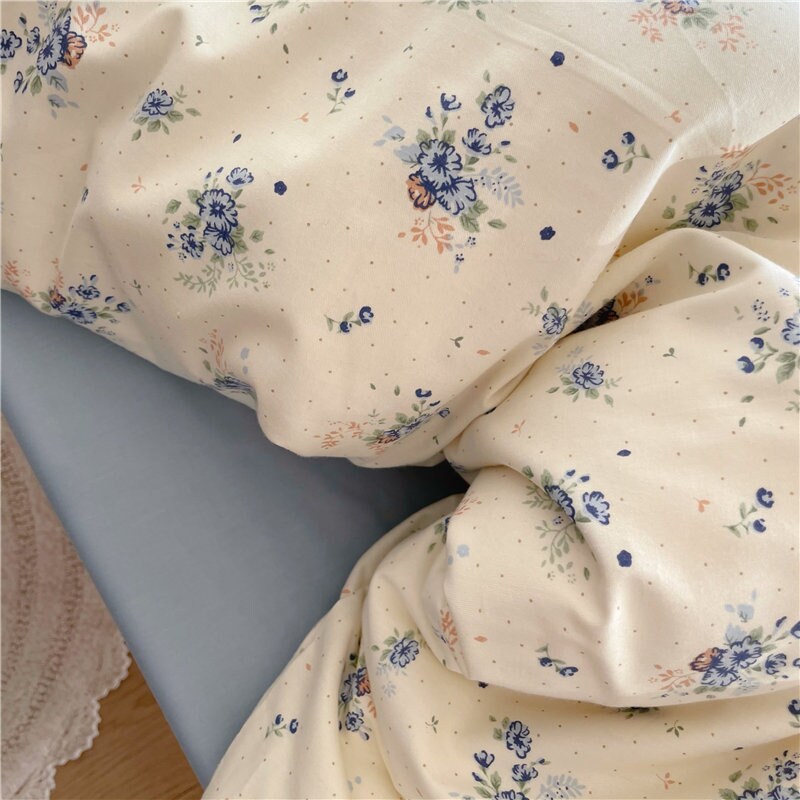 Blue and White Floral Cotton Bedding Set Soft Tones Pillow - Etsy