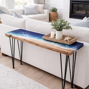 Live Edge Console Table with Epoxy Resin Waves, Driftwood Ocean Table