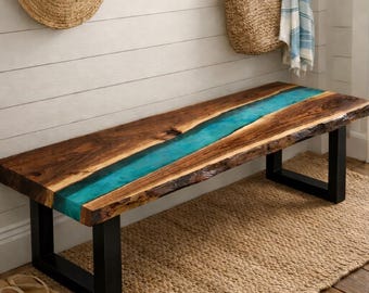 Live Edge Black Walnut River Bench, Epoxy Resin, Handmade