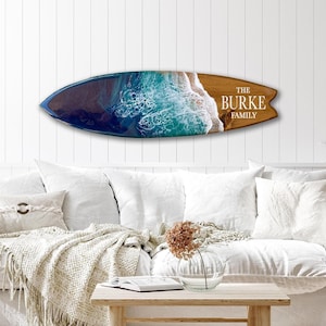 Family Name Surfboard with resin waves, epoxy resin surfboard wall art, custom surfboard