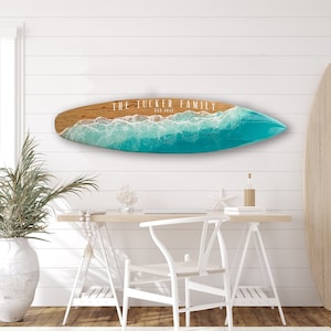 Custom Family Name Surfboard with resin waves, epoxy resin surfboard wall art