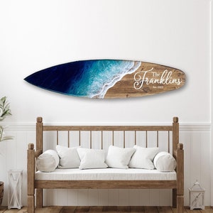 Custom Family Name Surfboard with blue and aqua waves, resin surfboard wall art