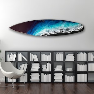 6 foot Resin Surfboard, Black surfboard with aqua and blue waves