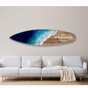 Custom Family Name Surfboard with blue and aqua waves, resin surfboard wall art