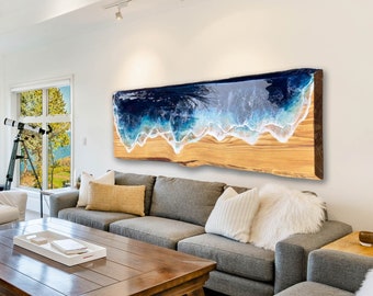 Epoxy Resin Wave Wall Art on Live Edge Pine Wood, 6' long