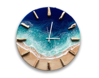 Resin clock with driftwood numbers, Ocean wave clock
