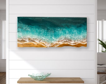 Live Edge Teak Wall Art with Ocean Waves