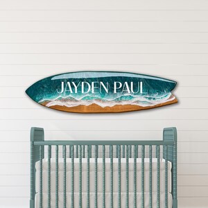 Personalized Resin Wave Surfboard: Coastal Nursery Wall Art