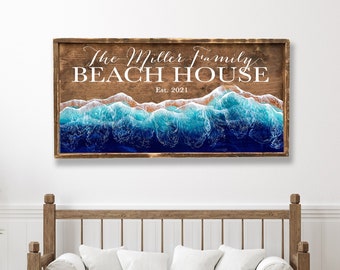 Custom Beach House Sign with Ocean Waves, Resin Wave Wall Art