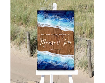 Welcome wedding sign with epoxy resin waves on wood