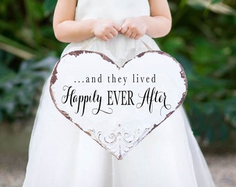 Wood Heart Flower Girl Sign, and they lived Happily Ever After