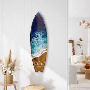 Custom Resin Surfboard with blue waves, Family name sign with established date