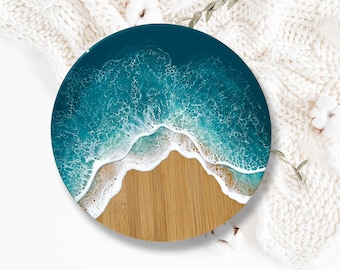Resin Wave Bamboo Lazy Susan: Mint Aqua Ocean Art (14 inch)
