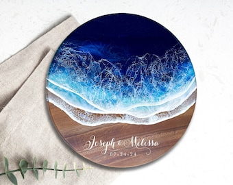 Custom Acacia Wood Lazy Susan with Resin Waves, Wedding Gift