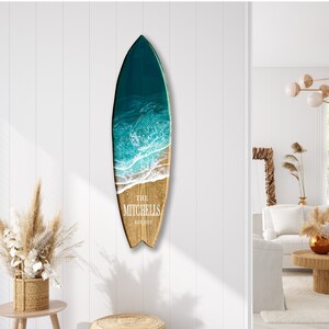 Custom Resin Surfboard with blue or aqua waves, Family name sign with established date