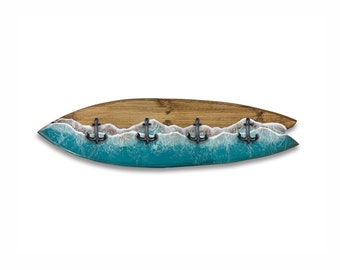 Resin Surfboard with anchor hooks and aqua waves