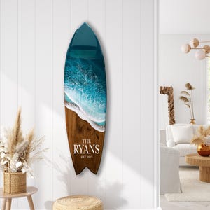 Custom Resin Surfboard with blue waves, Family name sign with established date