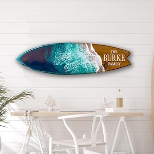 Family Name Surfboard with resin waves, epoxy resin surfboard wall art, custom surfboard